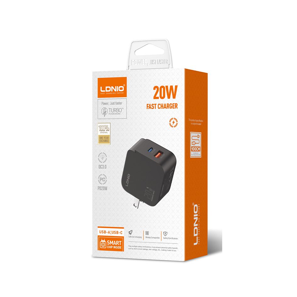 CARGADOR LDNIO Q1 20W 2P PD + USB + cab TC-TC BLACK